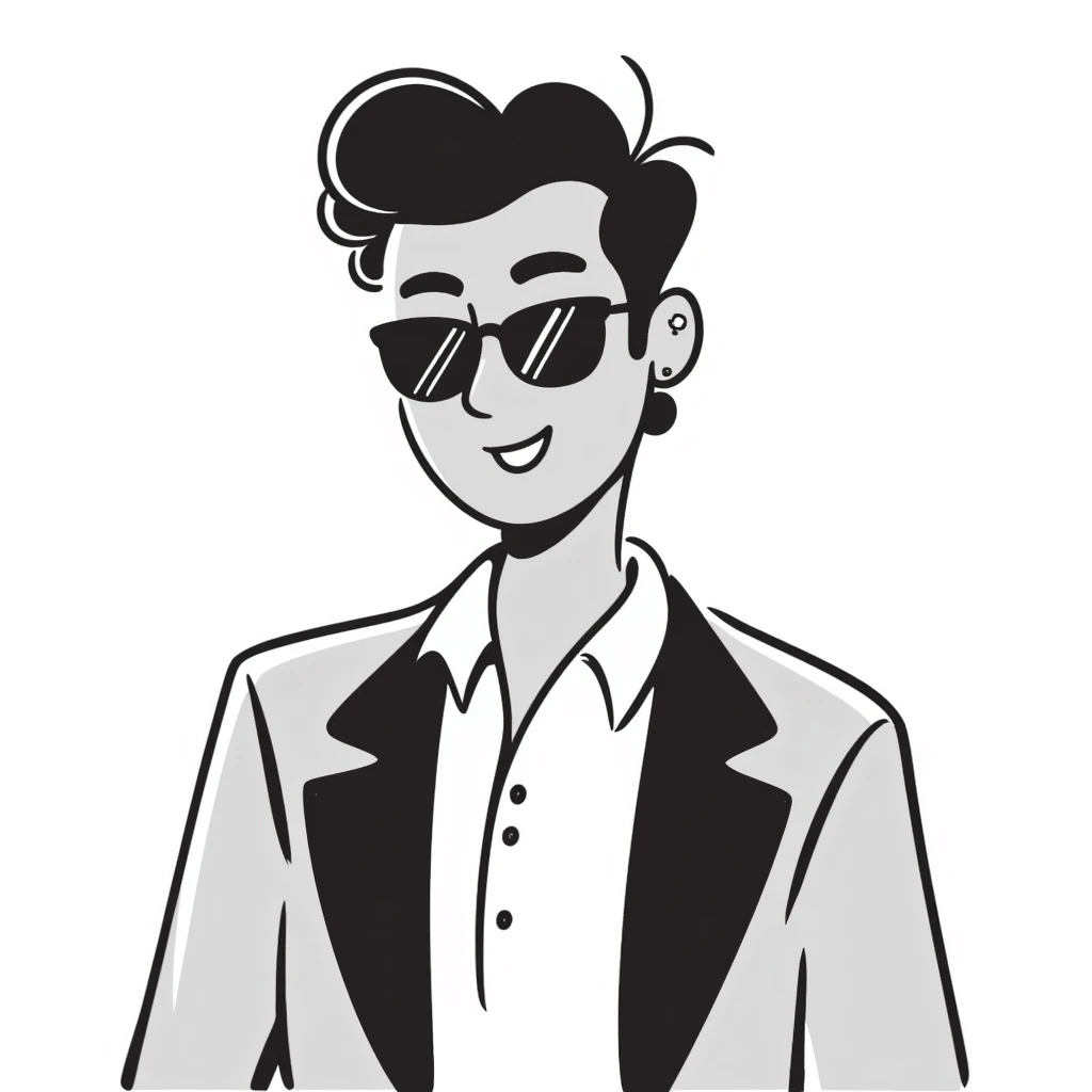 A 30-year-old Latino male musician with a piercing in one ear, wearing sunglasses, with a fashionable short hairstyle styled up and to one side, smiling confidently and wearing a jacket, shrugging his shoulders with a carefree attitude emoji