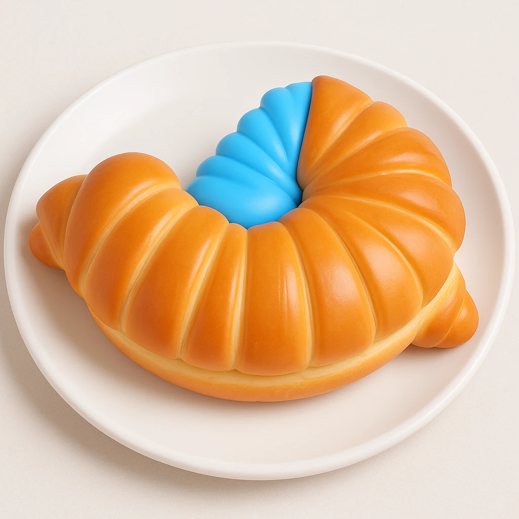 Put the blue Danish croissant on a white plate, keep the original 3D emoji style emoji