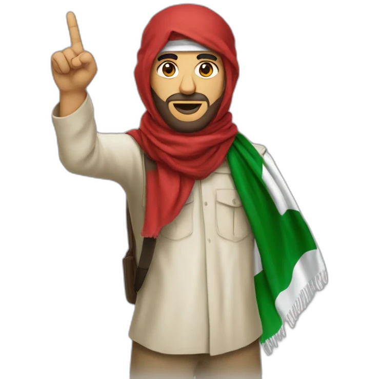 Palestinian Red Shemagh with the Palestinian scarf and his skin color is white and he raises his index finger  emoji