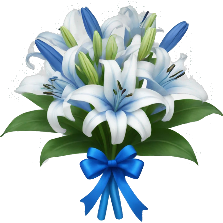 bouquet of white and blue lilies with a blue bow around it emoji