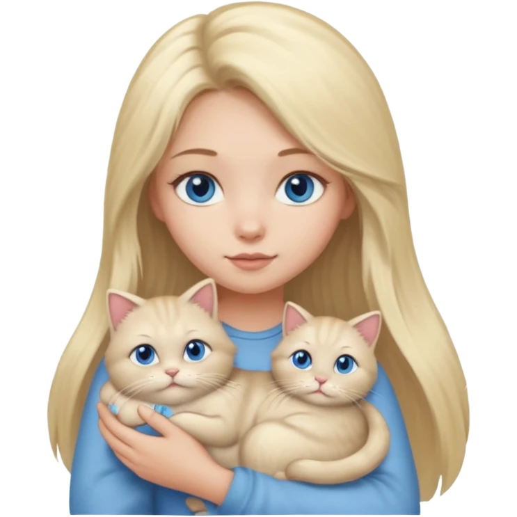 blonde girl with long blonde hair and blue eyes with chubby gray cat emoji