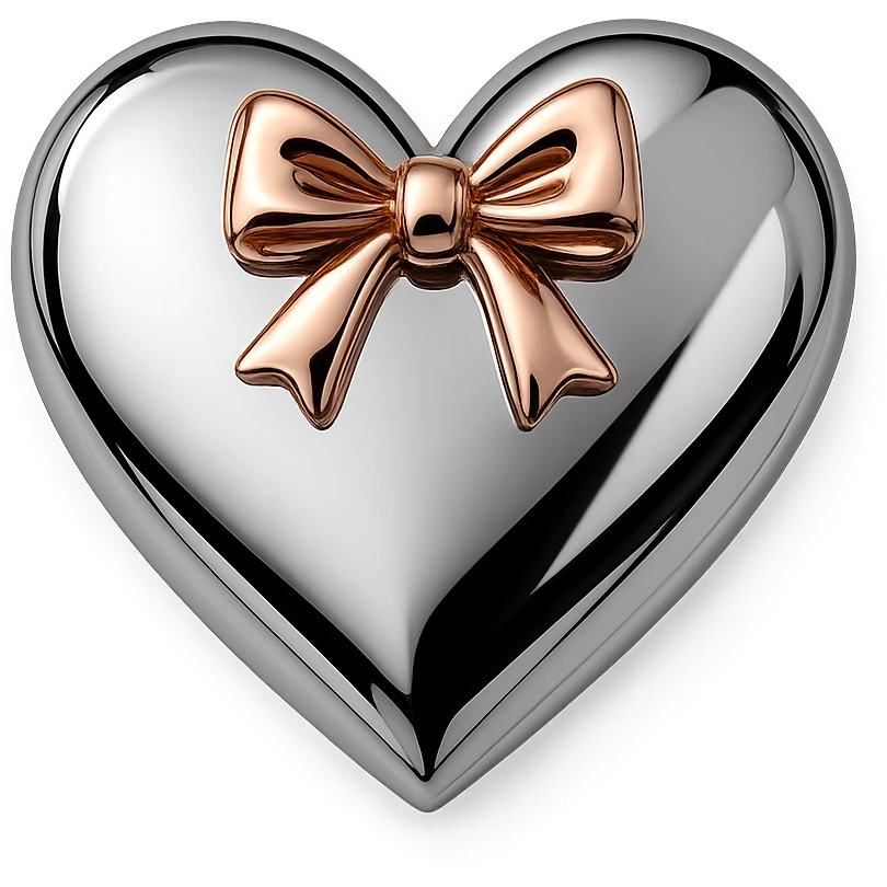 polished silver heart, rose gold bow accent, mirror-like shine, sophisticated emoji