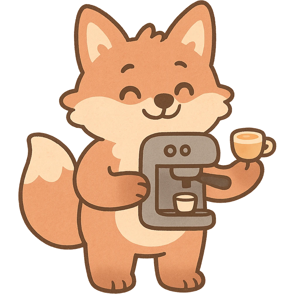 soft pastel style, coffee maker fox, soft fluffy, holding a tiny latte cup, soft pastel brown and beige tones, full-body emoji