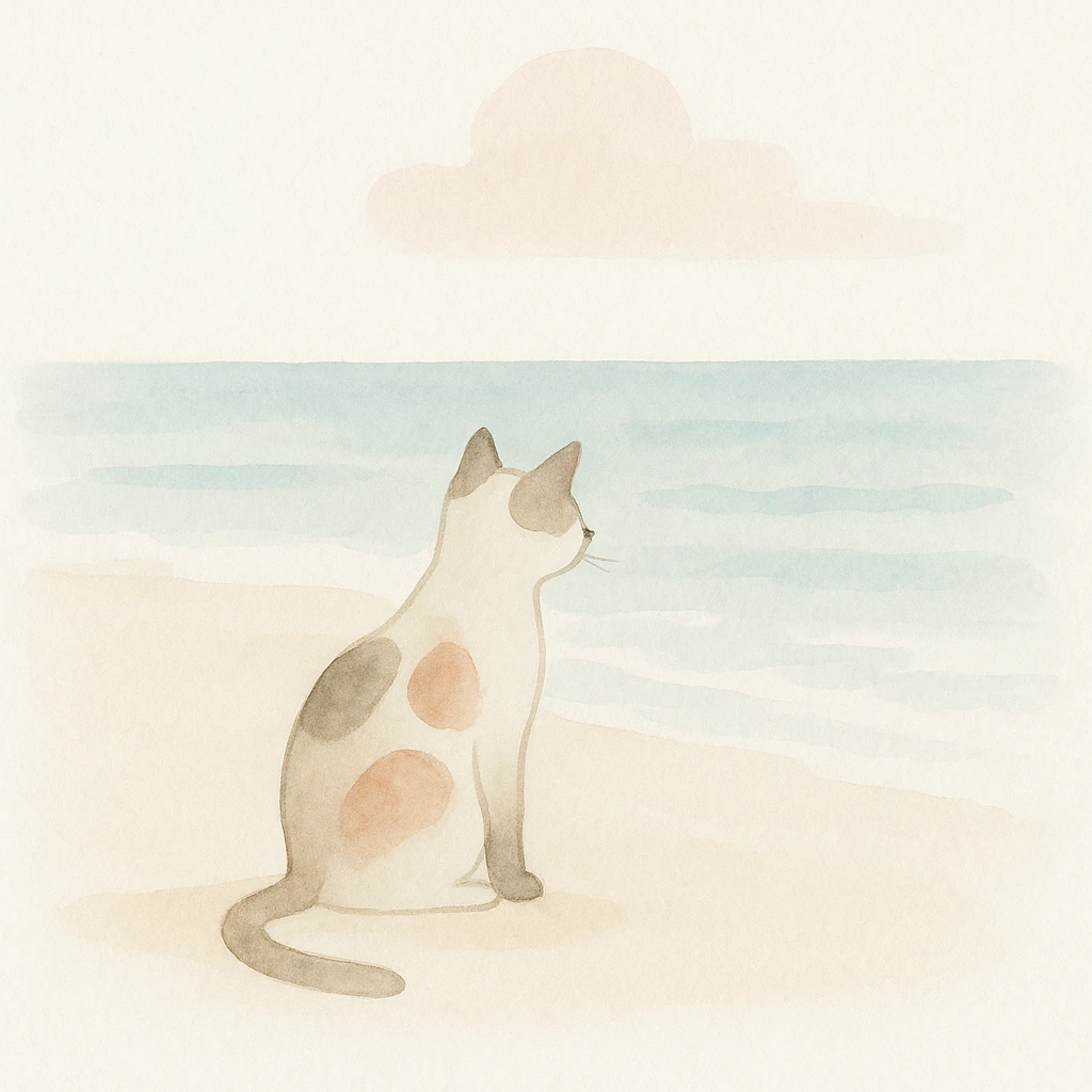 cat on a beach, watercolor style emoji