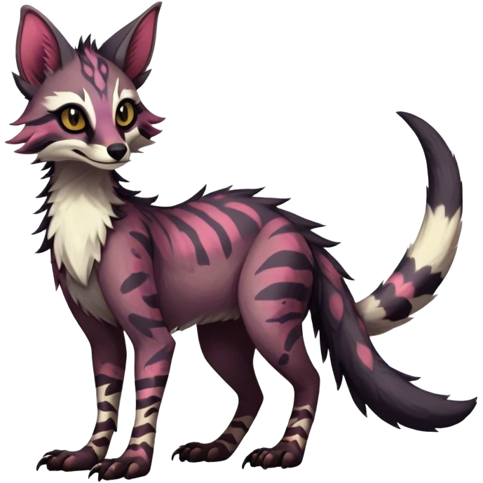 Feral Rare Fantasy dark vibrant Vernid-Sergal-Genet-Trico-species by LiLaiRa, random markings, tufted tail, tufted ears, full body emoji