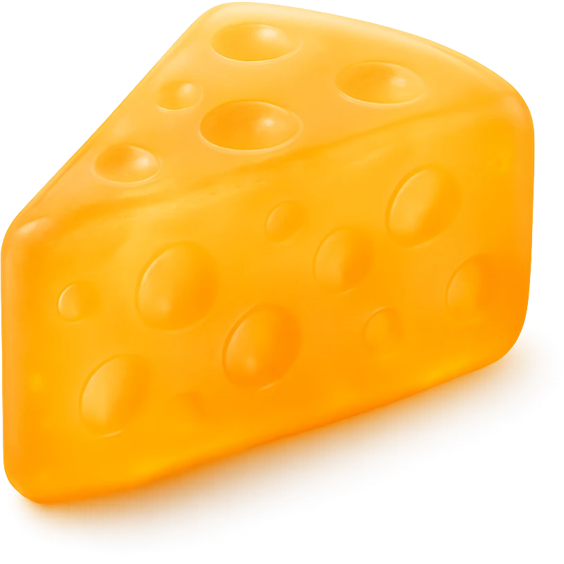 Make the wedge of cheese in the retro 90's toy style even more transparent while keeping its bright #FF8F15 color. Maintain the soft plastic, soft and squishy texture, some cloudiness, a bit shiny, highly detailed, appealing, and keep the realistic shadow under the cheese. Remove the background completely. emoji