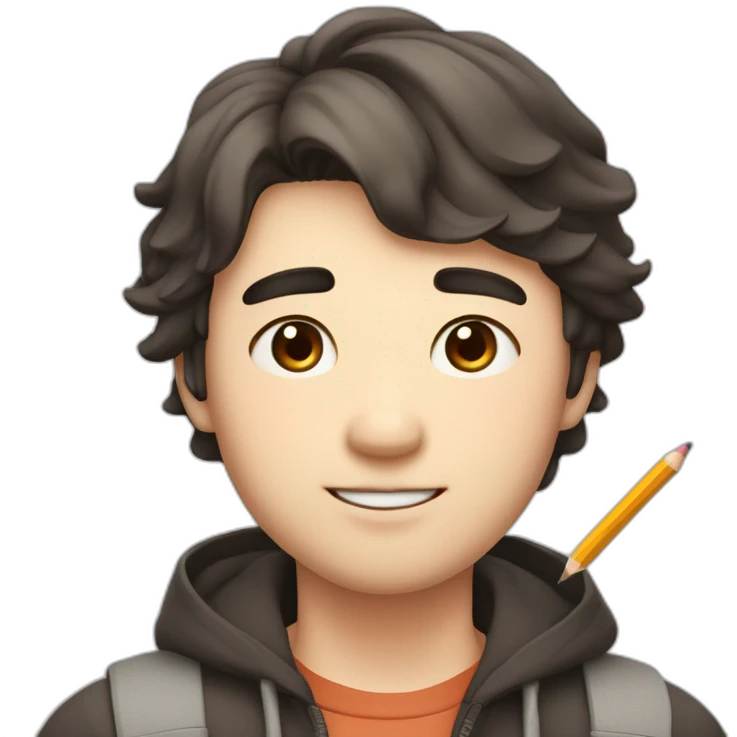 Fat, slightly thin, droopy eyes and eyebrows, thick lips, big head, smiling with a pencil, cute Japanese guy emoji