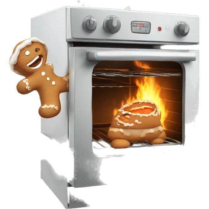 Oven burning with  gingerbread man running trying to escape  emoji