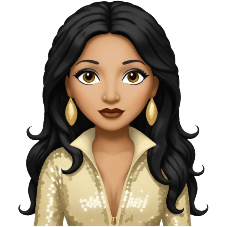 Trina Braxton with long jet black hair, cream sequin outfit emoji