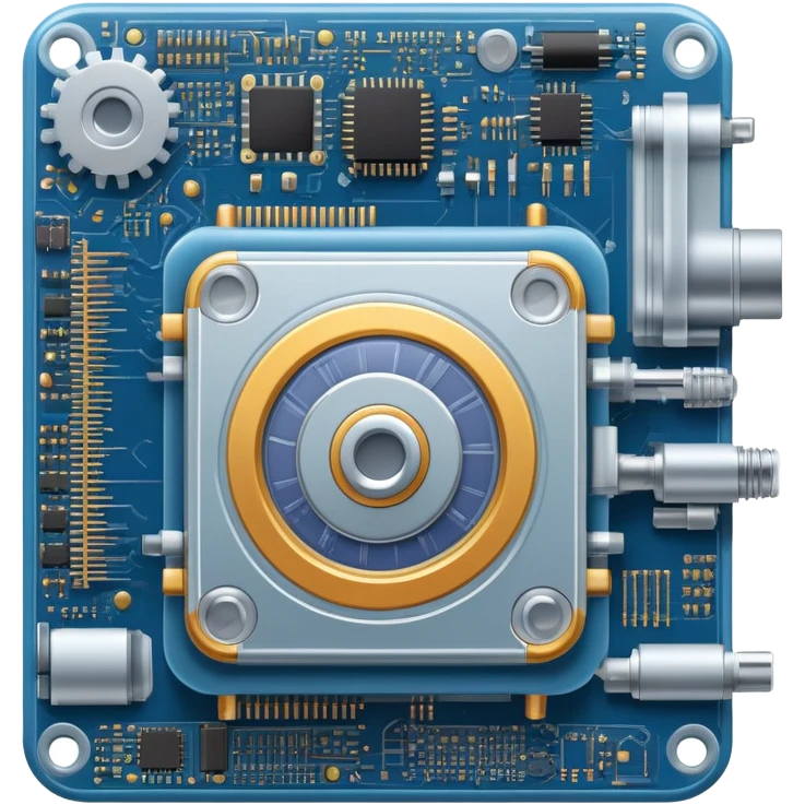 An icon featuring a giant machine soldering a huge microchip, symbolizing engineering. The design includes mechanical gears, circuit boards, and a blueprint, representing the precision and innovation in designing and building technology. Transparent background highlights the art of engineering emoji