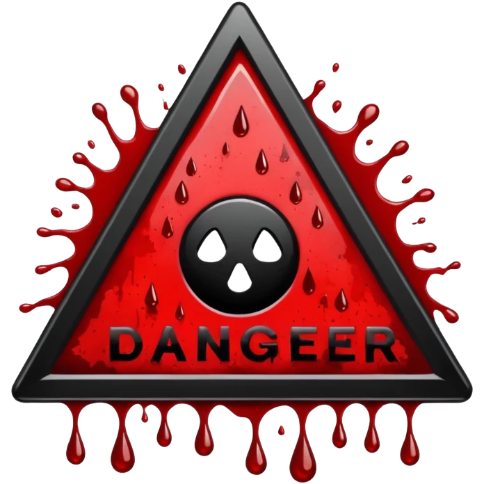 A triangular danger with a bold black border with danger written in the middle  and a bright yellow background. In the center, a dark red blood splatter spreads outward, with a few drops dripping down the sign. The design gives a wild, intense, and dangerous vibe,  emoji