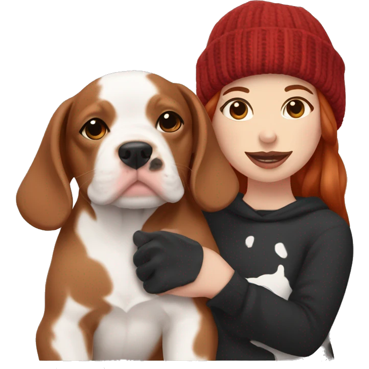 Long Red haired woman in beanie with septum piercing holding black and white English Staffordshire puppy emoji