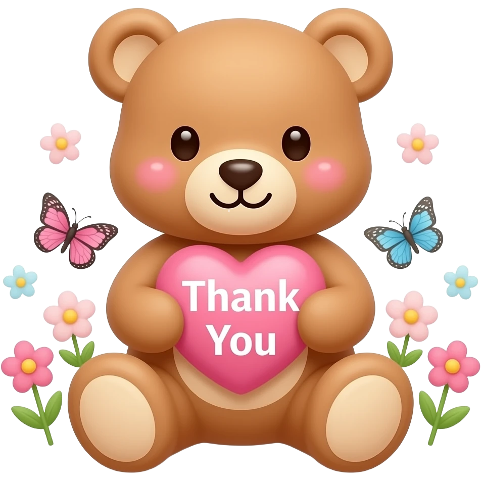 Cute teddy bear holding a pink heart that says “Thank You”, surrounded by tiny flowers and butterflies, pastel pink aesthetic, soft blush cheeks, kawaii cartoon style, adorable sticker design, soft glowing background. emoji