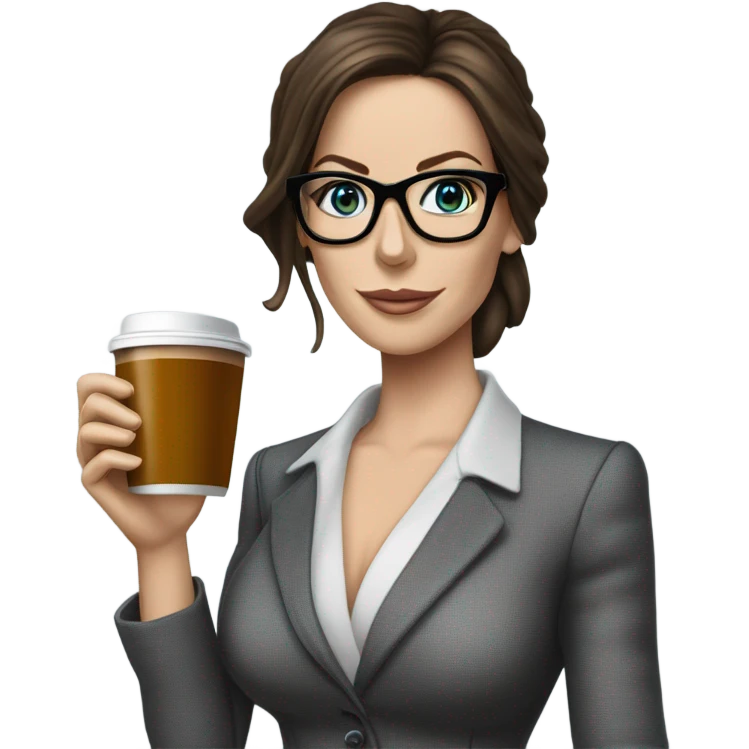Lifelike Kate Beckinsale blue eyes wearing glasses in a business dress drinking a cup of tea  emoji