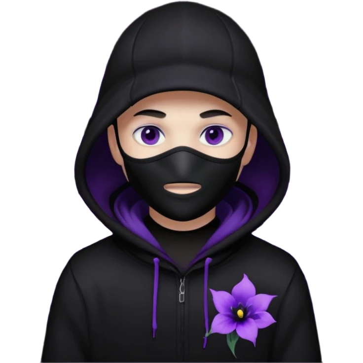 no visible face cartoon blacked character related to a shadow, with all black clothes, focusing a hoodie with his cap on, and a black facemask, just his purple shadow eyes making a light bloom emoji