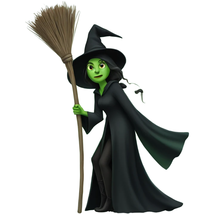 A green witch, like Elphaba in Wicked, wearing black and holding a broom stick emoji