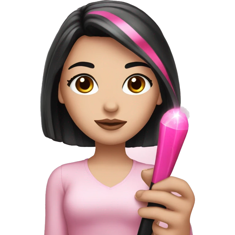 White Girl hand pink nails holding pink wand with black hair and brown eyes emoji