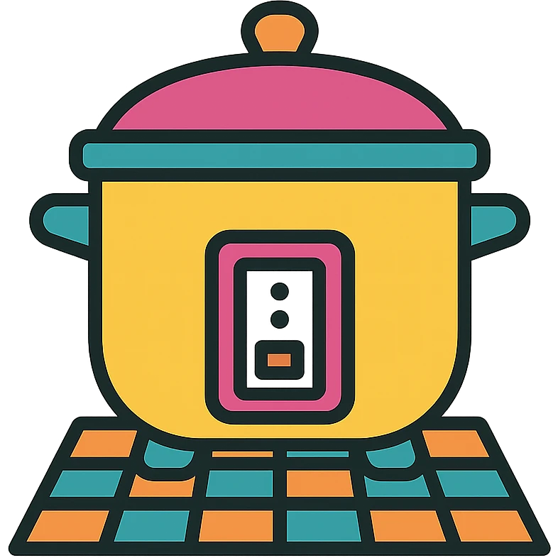 a stylized rice cooker sitting on a chess board, playful and simple emoji
