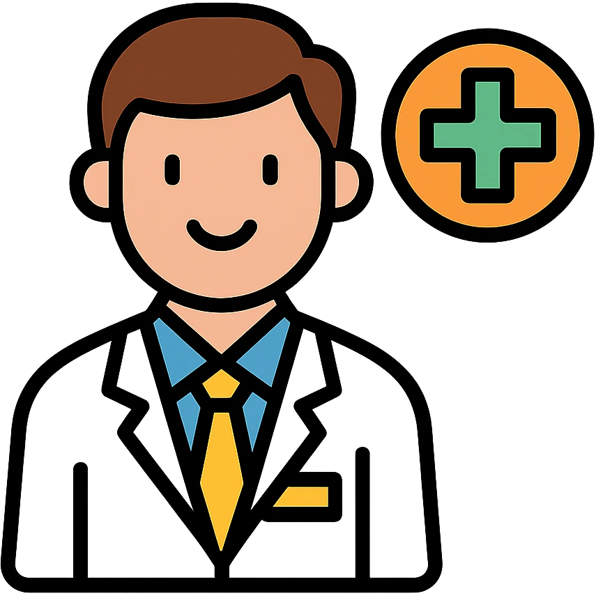 friendly pharmacist with health symbols like green cross emoji