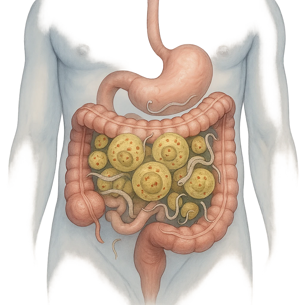 semi-realistic transparent abdomen with blastocystis dominating the microbiome, tapeworms and hookworms less prominent, medical illustration emoji