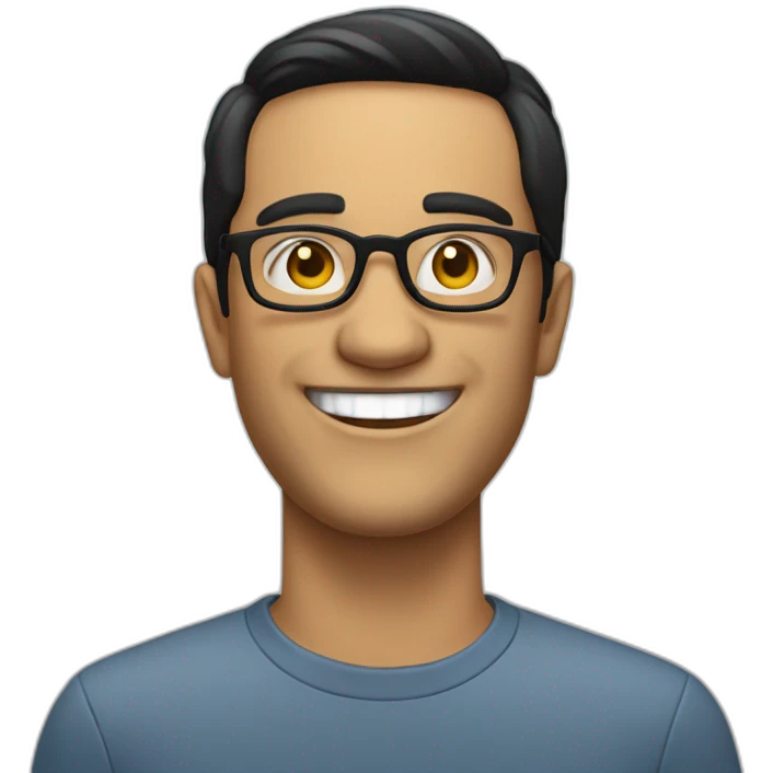 portuguese white man with straight black hair down below ears, round glasses and a big smile emoji