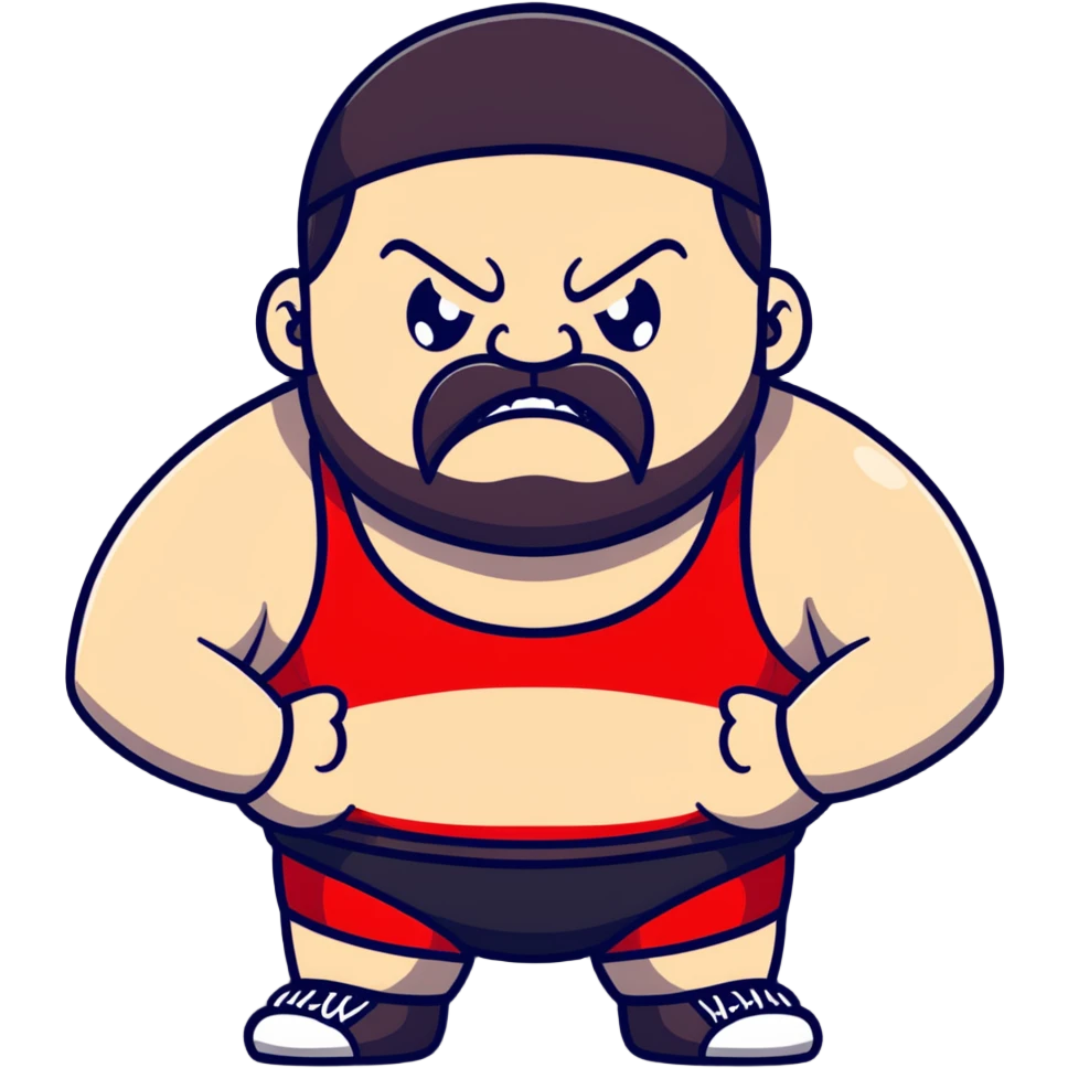 Close-up of extremely fat white skin guy with young face, beard and mustache, no muscle with prominent black durag, black eyes in a red and black wrestling singlet with angry face emoji