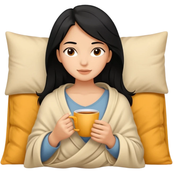 “A relaxed girl with black hair and tan skin, calm facial expression, half of her body covered with a blanket, holding a cup of tea emoji