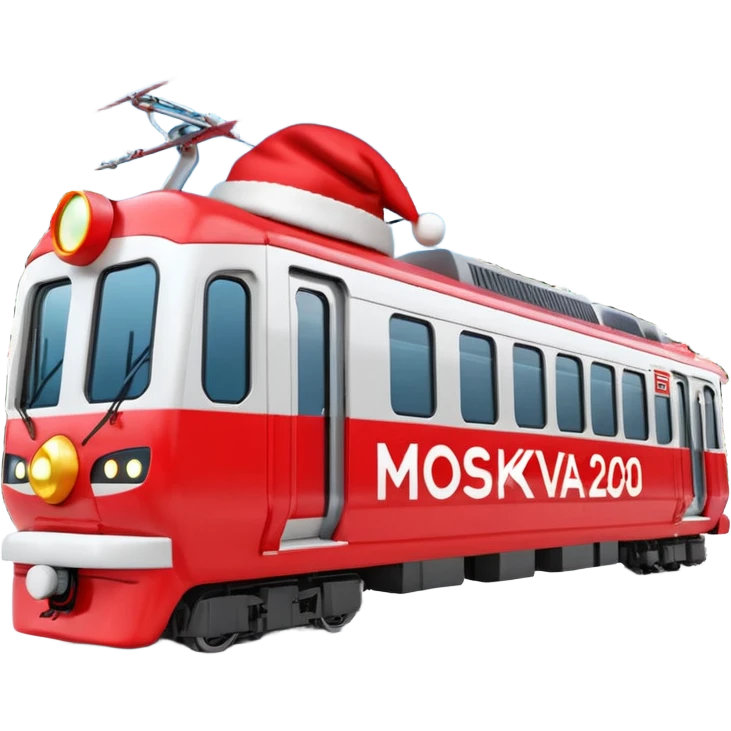 Apple iOS style 3D emoji of a
Moscow Metro train (modern
"Moskva-2020" model) decorated for
New Year. The train has a large red Santa hat on its front and is wrapped in glowing LED garlands. A bright iconic red letter
"M" logo is positioned next to it. Smooth glossy plastic, soft 3D render,  emoji