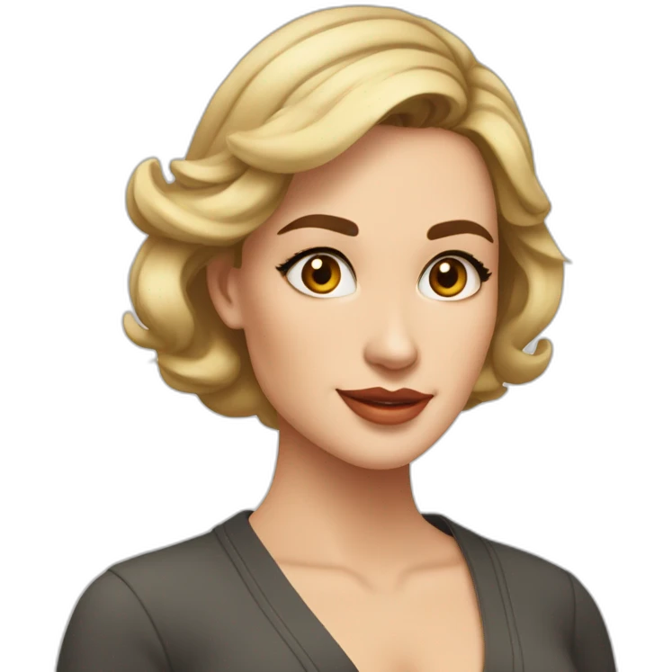 Woman, Late 30s, oval face, high cheekbones, small forehead wrinkles, hazel eyes, medium length dark hair with blond highlights, wearing cardigan emoji