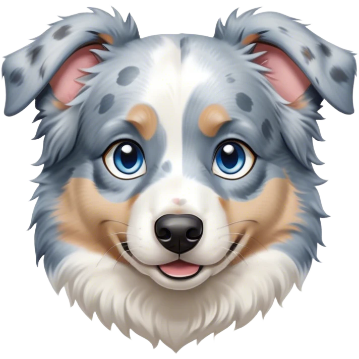 Cinematic Cute Blue Merle and White Australian Shepherd Portrait Emoji, Head tilted playfully and inquisitively, soft blue merle fur with bright white patches, round, sparkling blue eyes filled with curiosity, Simplified yet irresistibly adorable features, highly detailed, glowing with a warm, friendly glow, high shine, affectionate and lively, stylized with a touch of whimsy, bright and endearing, soft glowing outline, capturing the essence of a mischievous yet loving pup, so playful it feels like it could bound out of the screen and into your arms! emoji