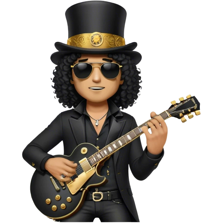Create a legendary and iconic emoji representing Slash wearing his top hat and holding his Gibson Les Paul guitar. The design should emphasize Slash's distinctive silhouette, with his wild curly hair, sunglasses, and signature black top hat. He should be depicted holding the famous Gibson Les Paul guitar, known for its smooth curves and powerful sound. Use a dark color palette with deep blacks, gold accents, and subtle details like the guitar’s iconic pickups and knobs. The background should be transparent to highlight Slash’s rockstar persona emoji