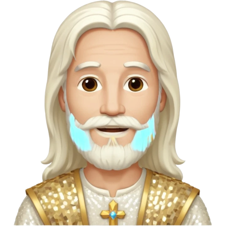 Jesus, Son of God from Gods and Goddesses with long white hair and beard, ivory sequin outfit emoji