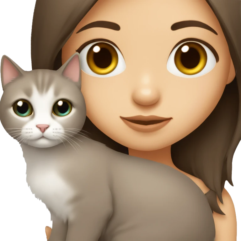 Dark brown straight hair girl with holding fluffy Siberian white cat  emoji