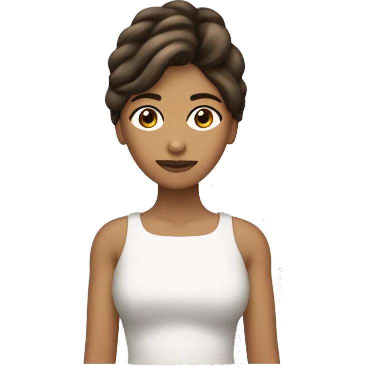 Mujer cabello castaño oscuro largo ondulado y flequillo ojos almendra emoji
