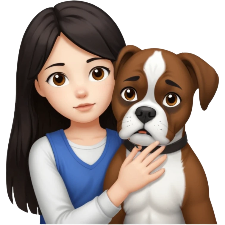 Girl with dark long hair loving on white boxer emoji