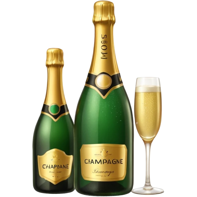 Бутылка шампанского и бокал, 3D emoji, глубокое зелёное стекло бутылки, золотая фольга и этикетка, бокал с бледно‑золотым игристым напитком и мелкими пузырьками, мягкие блики, compact proportions, iOS icon style, transparent background. emoji