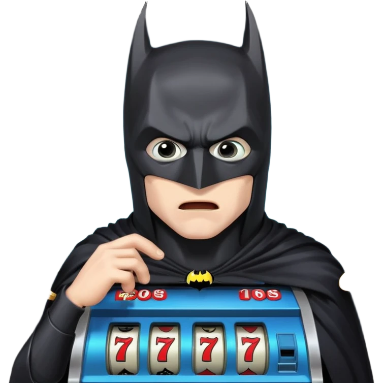 disheveled bat man losing money at a slot machine, panicked face, coins flying emoji