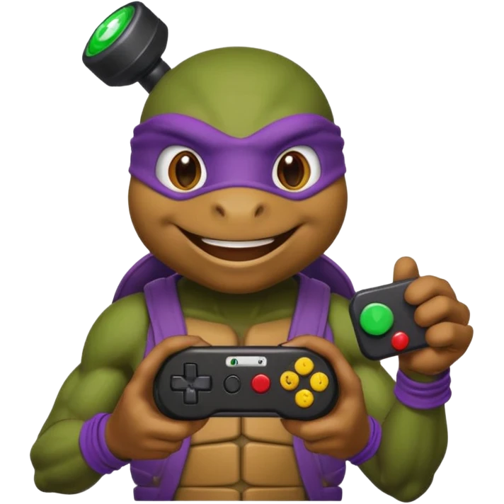 Donatello from Teenage Mutant Ninja Turtles, emoji style, holding a joystick and smiling emoji