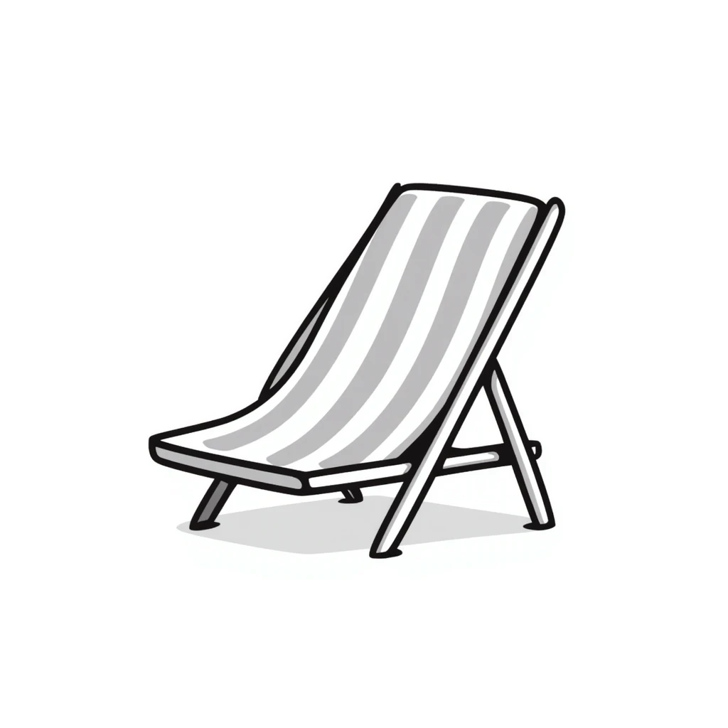A beach lounge chair/deck chair in pastel colors (dd9fb0, ffc6d3, a3bfc9, c4bee2, f1b091), hand-drawn doodle style emoji