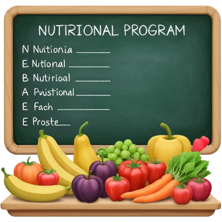 Il programma nutrizionale in studio con alimenti e una lavagna con scritto programma nutriizonale emoji