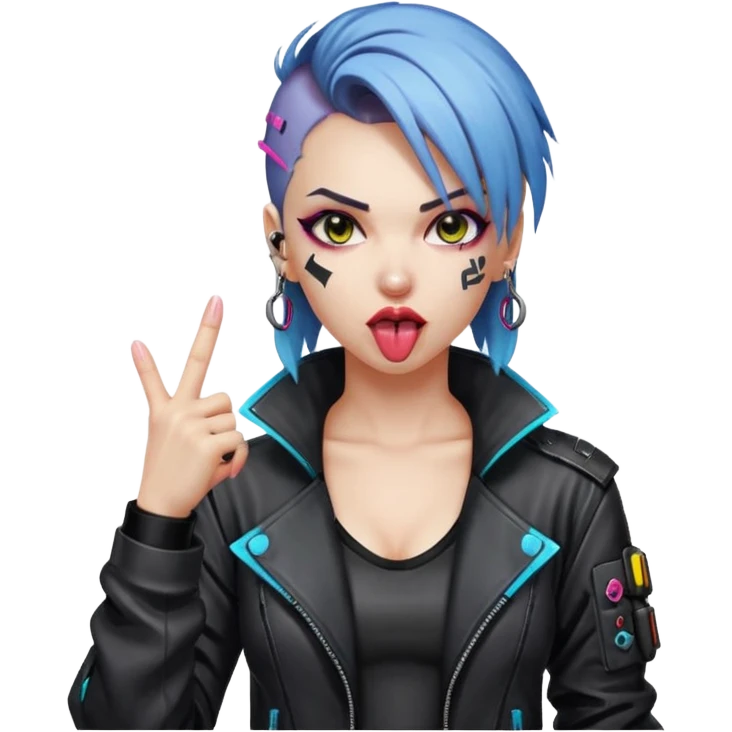 Woman with her tongue out in cyberpunk clothing and giving the middle finger. Looking naughty. emoji