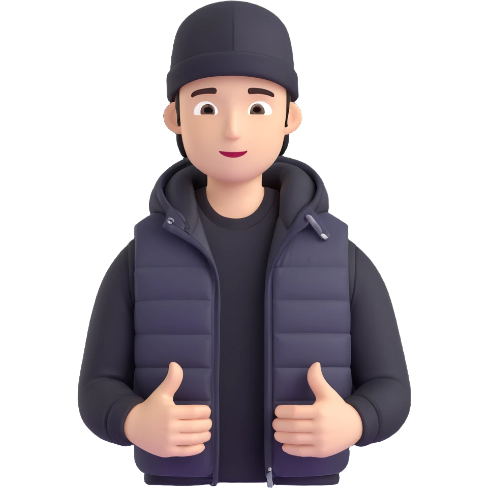 A guy in a hat, black hoodie, and a puffer vest emoji