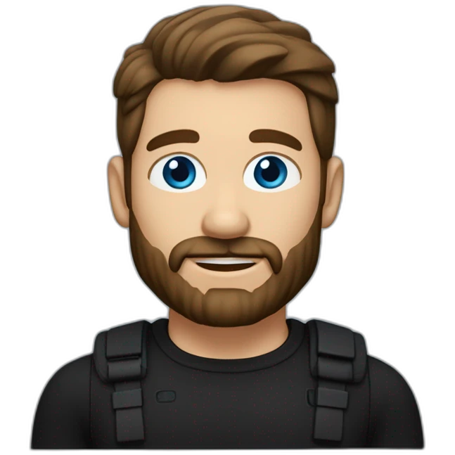 White man with a slight sun kissed tan, blue eyes and dark brown hair. He has a beard and mustache trimmed. Wears black clothing and wears his hair styled sideways backwards. emoji