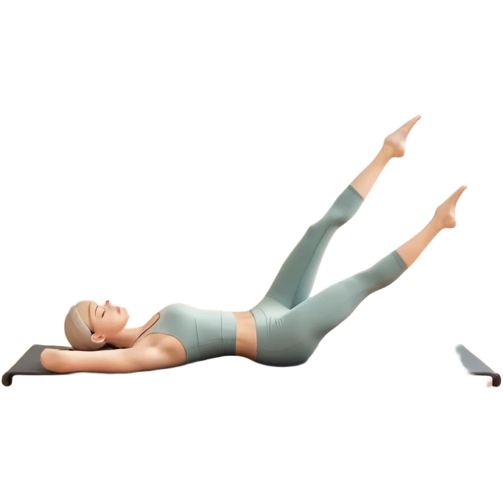 A person performing a Pilates exercise on a mat in a clean, modern studio. The focus is on core strength and flexibility, with a neutral, calming color palette. Simple equipment like a reformer machine and a soft, tranquil background enhance the feeling of controlled movement and focus. emoji