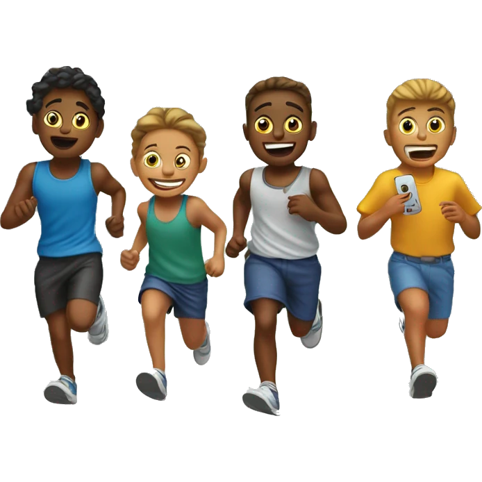A group of young kids running to a gas station while dripping sweat while on their flip phones emoji