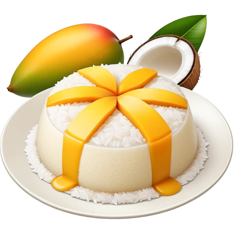 cinematic-realistic-mango-sticky-rice-dessert-emoji,-showcasing-sweet-sticky-rice-paired-with-ripe-mango-slices-and-coconut-milk-rendered-with-lifelike-detail-and-warm,-inviting-lighting emoji