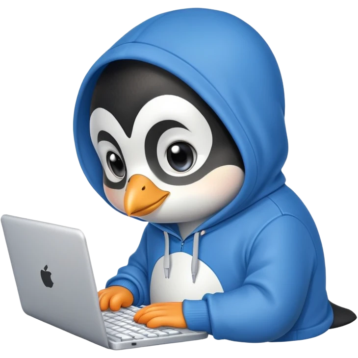 A cute penguin wearing a blue hoodie typing intensely on a laptop keyboard emoji