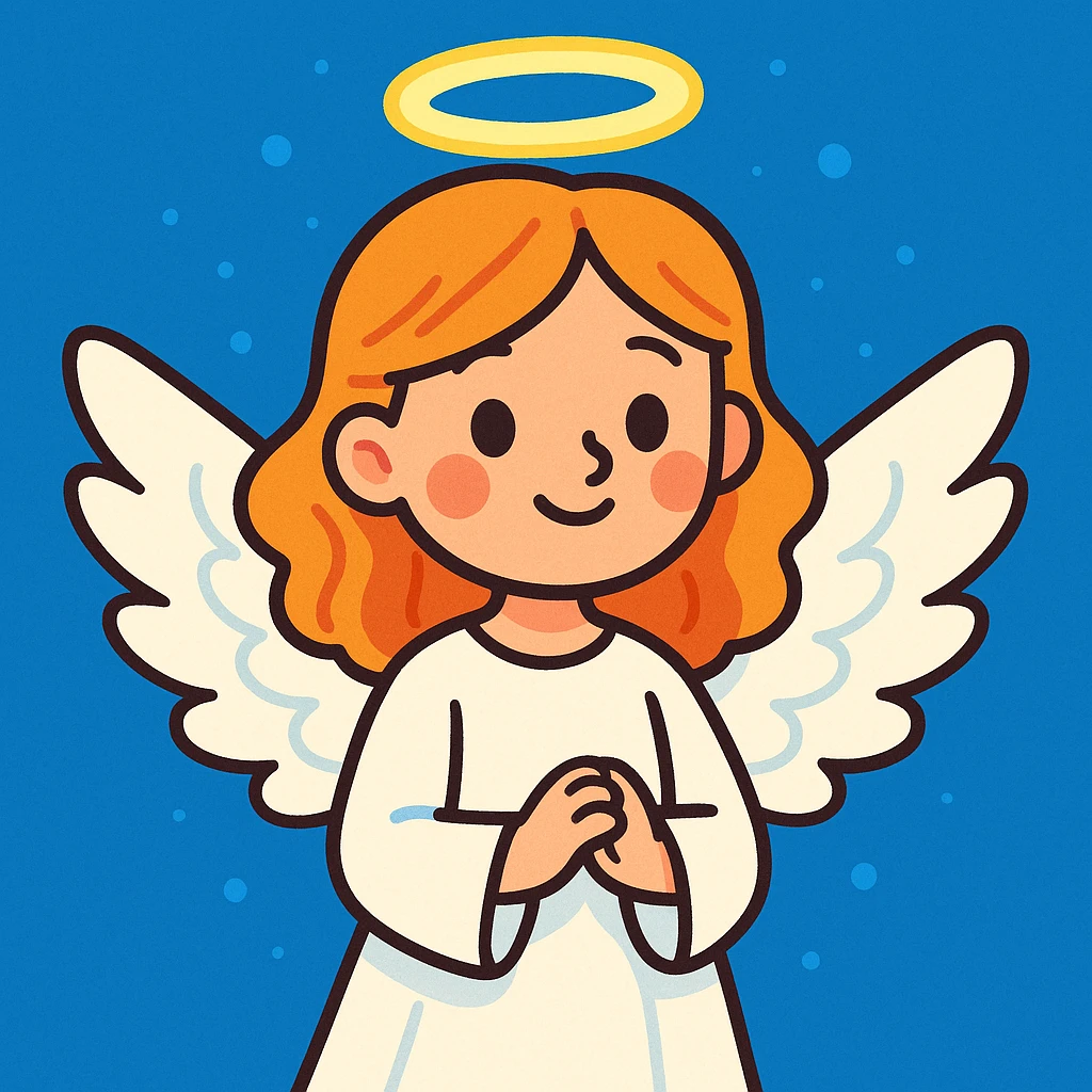 white angel girl, cartoon style, soft colors, halo, wings, gentle expression emoji