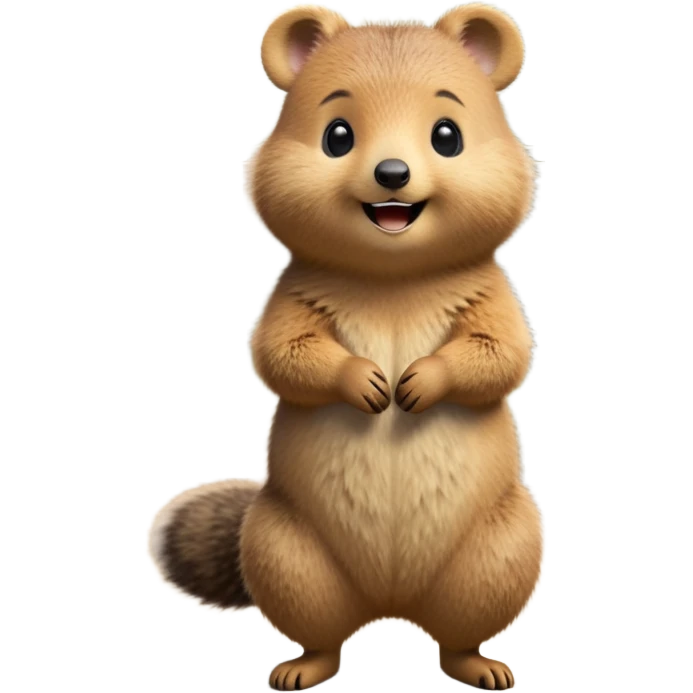 cinematic-quokka-realistic-full-body-standing on its hind legs hunched over-emoji,-small-round-frame-balanced-on-tiny-strong-hind-legs,giant fluffy cheeks large smile-fluffy-brown-fur-radiating-a-warm-softness,-big-round-eyes-filled-with-joy-and-innocence,-tiny-clawed-paws-held-close-to-chest,-cheerful-smile-exuding-endearing-happiness,-simplified-yet-realistic-focused-features,-highly-detailed,-glowing-with-a-sunny-warmth, skinny tail emoji