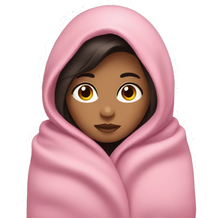 Woman with dark hair and blue eyes snuggled in a pink blanket emoji